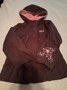 ZeroXposur Brown Girls Hooded Jacket with Pink Lining and Floral Stitch